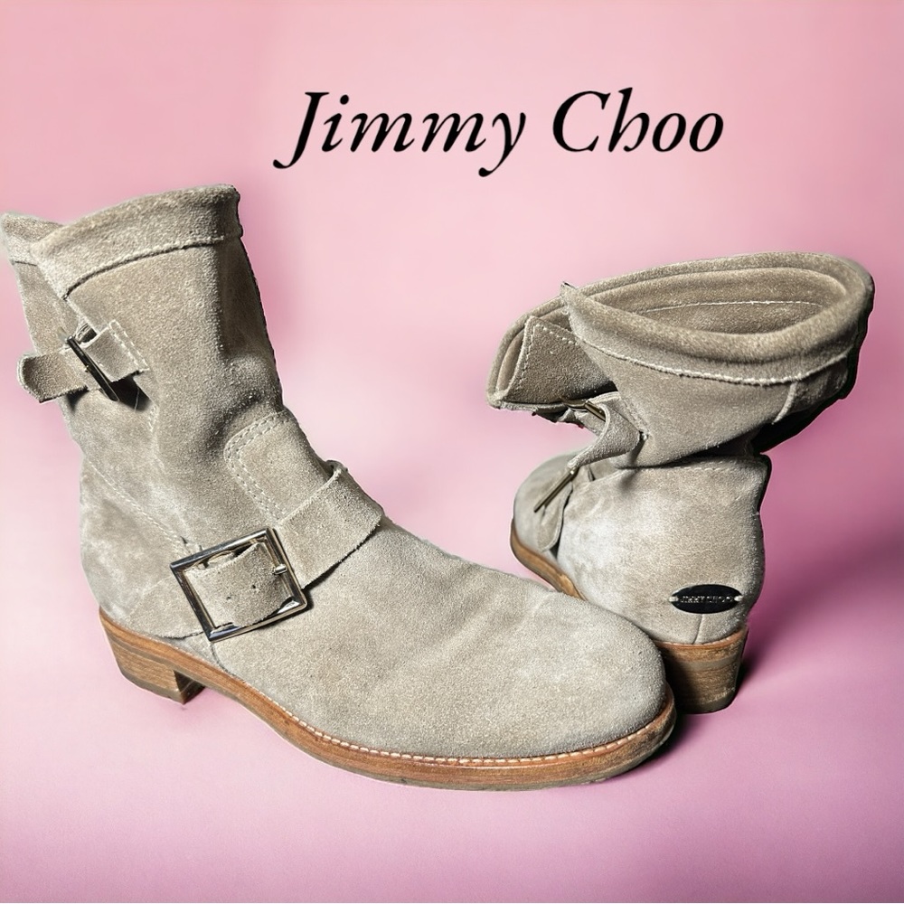 JIMMY CHOO SANDY BEIGE SUEDE BUCKL;ED DETAIL BIKER ANKLE SLOUCHY BOOTS (SZ 41)